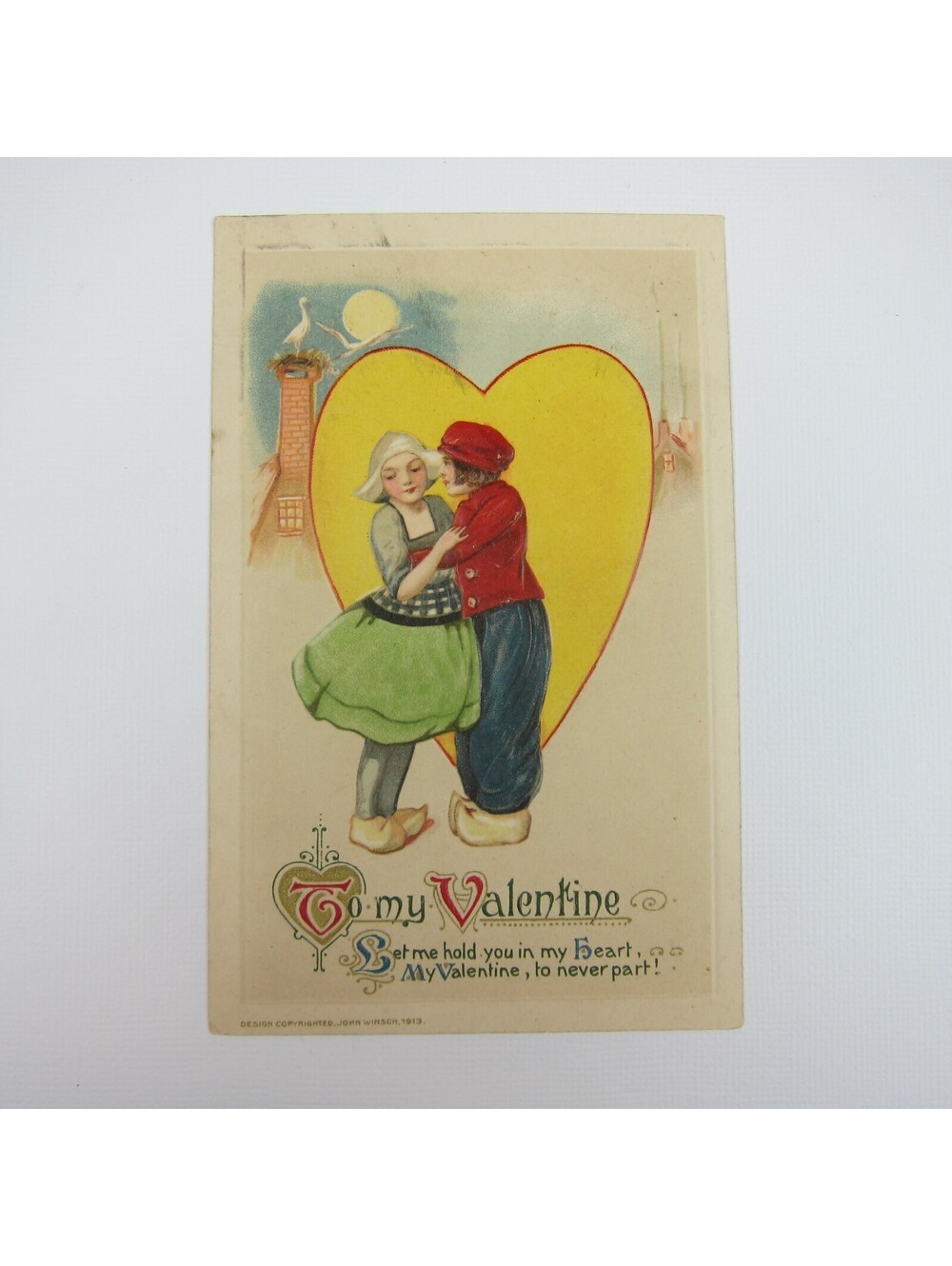 Postcard Valentine Dutch Boy & Girl Yellow Heart Brick Fireplaces Antique 1913
